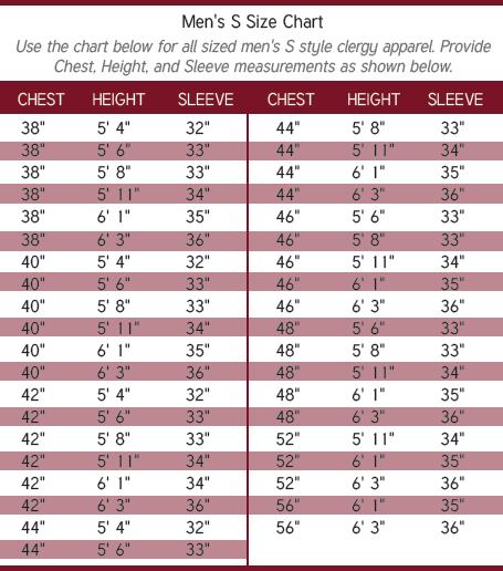 Men's Clergy SIze Chart