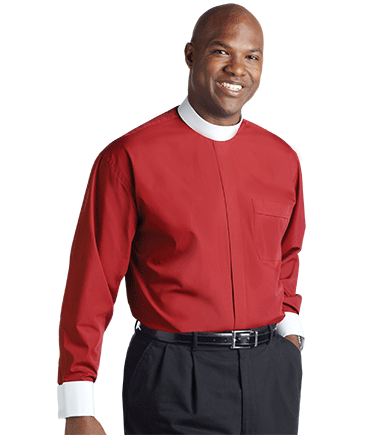 Men's Banded Collar Red Clergy Shirt with French Cuffs