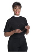 Womens Neckband Collar Clergy Blouse Black Short Sleeve