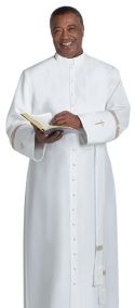 white bishop clergy cassock with gold crosses