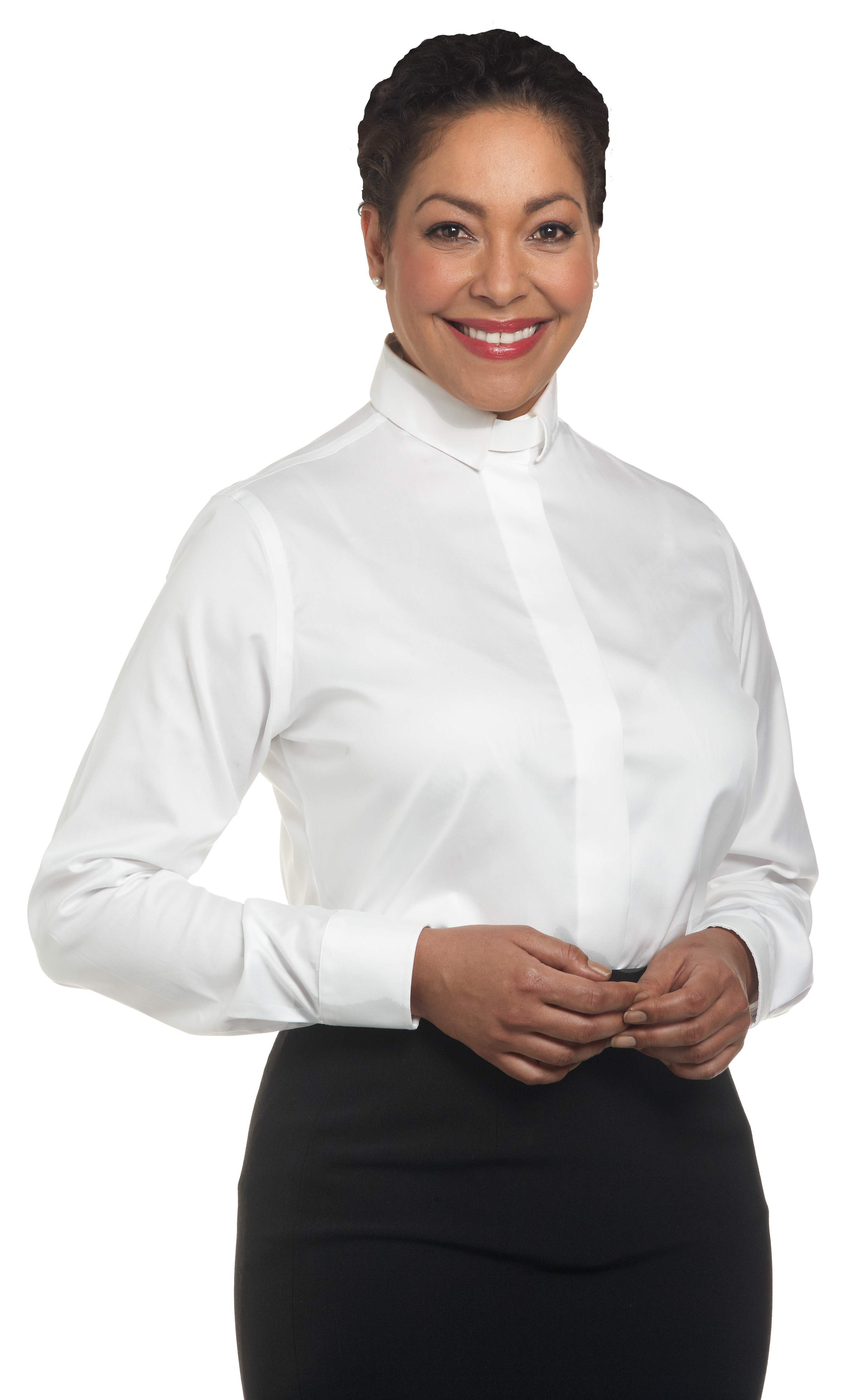 womens long sleeve white tab collar clergy blouse