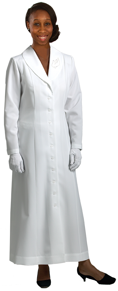 womens white clergy dress with descending dove