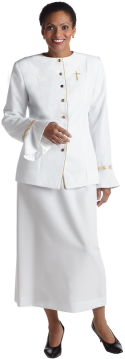 womens white clergy jacket with gold cross and Metallic Accents