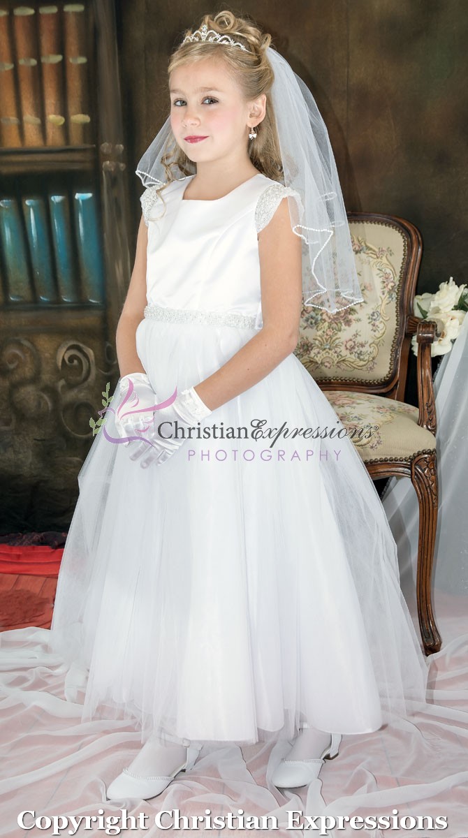 First Communion Dress Cap Sleeve Pearls 4 | Clergy Apparel - Church Robes