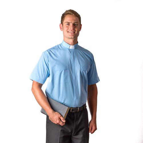 Short Sleeve Men's Tab Collar Blue Clergy Shirt