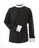 Men's Long Sleeve Neckband Collar Black Clergy Shirt with French Cuffs