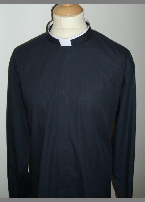 Mens Black Clergy Shirt with Tonsure Collar Long Sleeve 100% Cotton