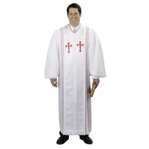 White Clergy Robe with Brocade Panels and Red Crosses