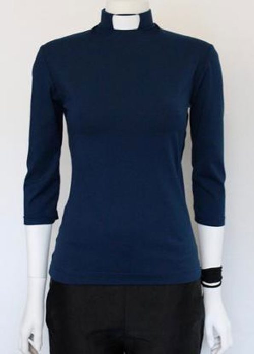 Women's Jersey Slim Fit Navy Blue Clergy Blouse with 3 4 Sleeves