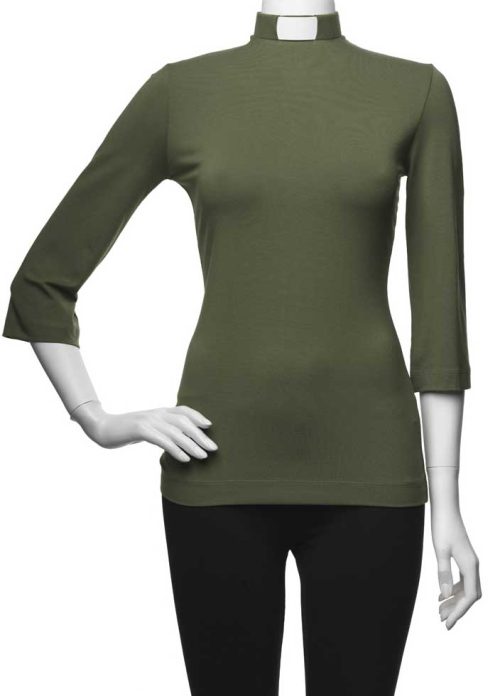 Women's Jersey Slim Fit Olive Clergy Blouse with 3 4 Sleeves