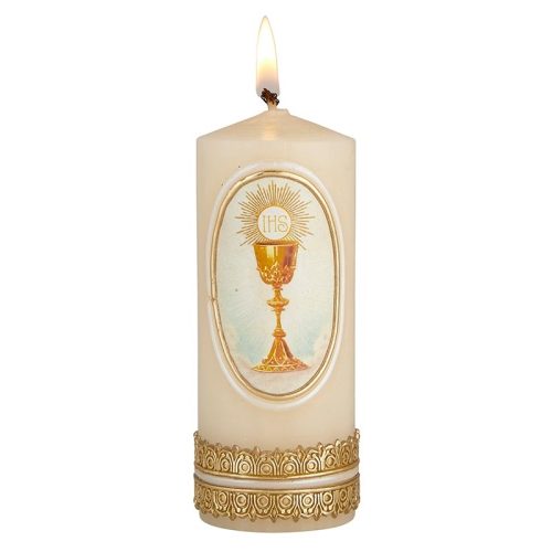 First Communion Pillar Candle Chalice & Host Case of 4