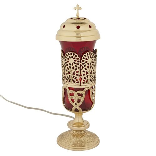 Ornate Electric Sanctuary Lamp with Ruby Globe