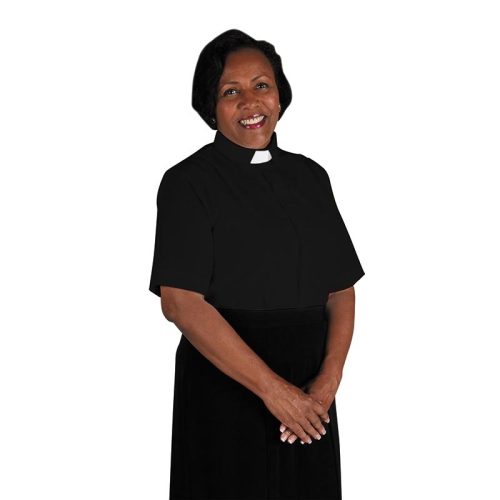 Womens Black Tab Collar Clergy Blouse Short Sleeve