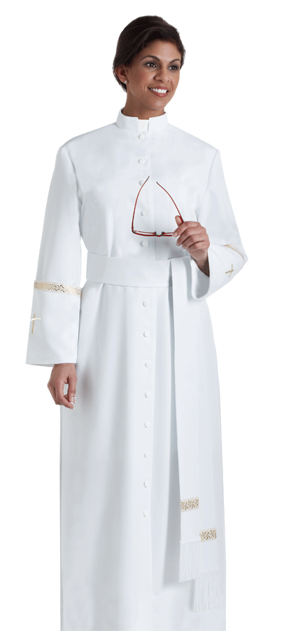 ladies white clergy cassock with gold metallic accents