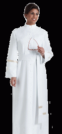 ladies white clergy cassock with gold metallic accents