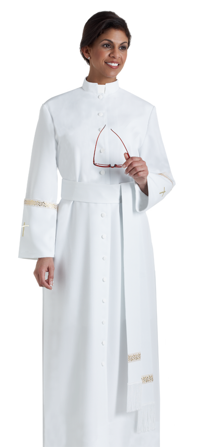 womens white clergy cassock with gold trim
